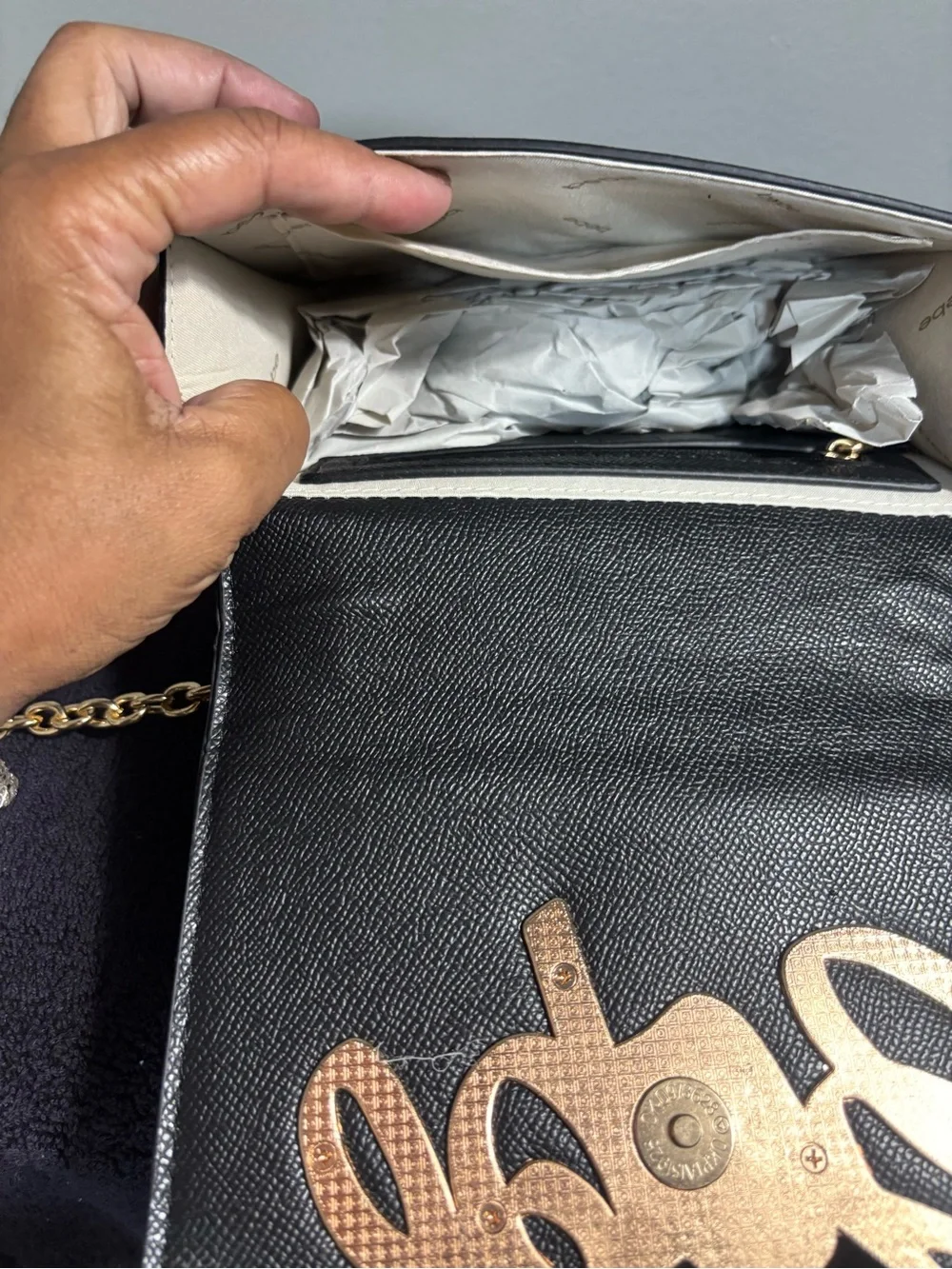 bebe Black Crossbody Clutch with Gold Script Logo